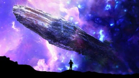 Abstract man standing while an alien spaceship hovers over him Stock Illustration