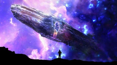 Abstract man standing while an alien spaceship hovers over him Stock Illustration