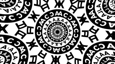 Abstract mandala kaleidoscope background with black and white letter shapes form Stock Footage 333037570