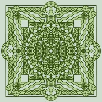Abstract mandala ornament. Asian pattern. Green authentic background. Vector Illustrazione stock