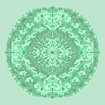 Abstract mandala ornament. Asian pattern. Green authentic background. Vector Illustrazione stock