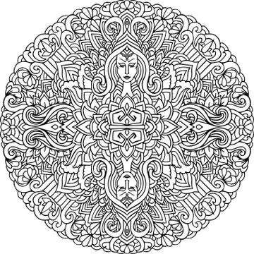 Abstract mandala ornament. Asian pattern. Black and white authentic background Stock Illustration