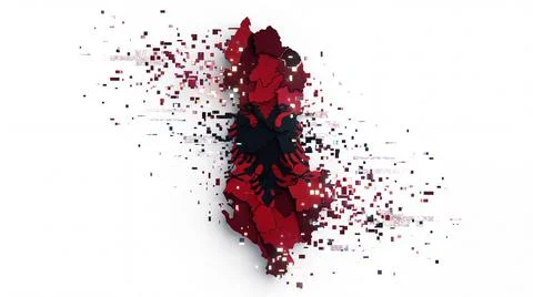 Abstract map of albania with double-headed eagle flag pattern dissolving in.. Stockillustratie
