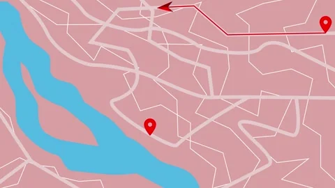 Abstract map animation with two location markers and a river Stock Footage 317116060