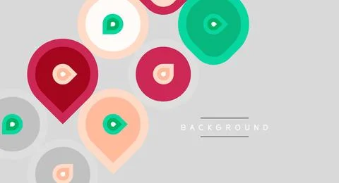 Abstract map markers, colorful circles, gray backdrop. Simple design, locatio Stockillustratie