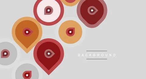 Abstract map pins, varying sizes, muted colors. Background gray, text backg.. Stock Illustration