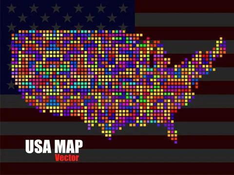 Abstract map of USA on background national flag, colorful pixels. Vector illu Stock Illustration