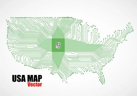 Abstract map USA with cpu. Circuit board. Technology background. Vector Stock Illustration