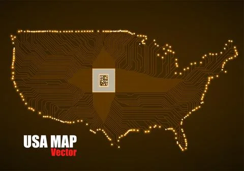 Abstract map USA with cpu. Glowing circuit board. Neon technology background. Stock Illustration