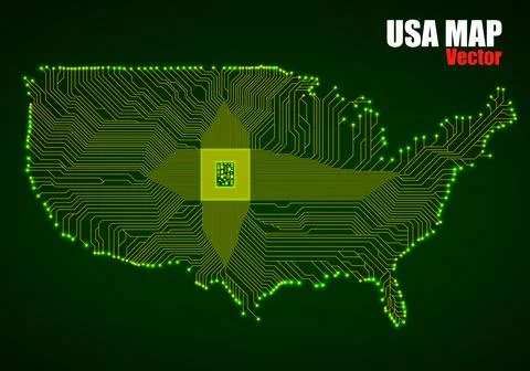 Abstract map USA with cpu. Glowing circuit board. Neon technology background Stock Illustration