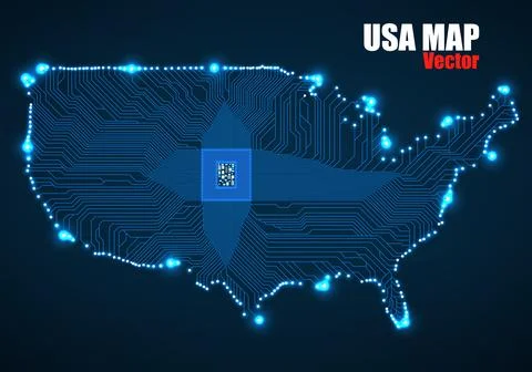 Abstract map USA with cpu. Glowing circuit board. Neon technology map Stock Illustration