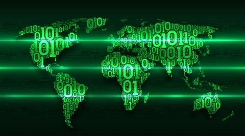 Abstract map world with continents from digital binary code concept of big data Illustrazione stock