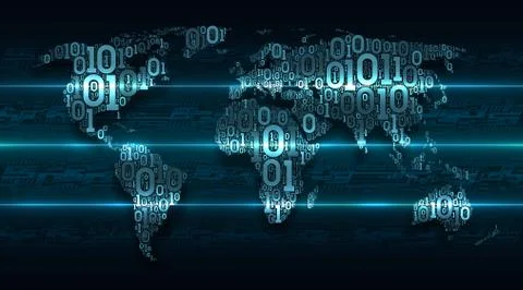 Abstract map world continents from digital binary code background circuit board Stock Illustration