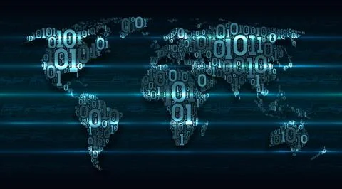 Abstract map world with continents from digital binary code on a blue background Stock Illustration