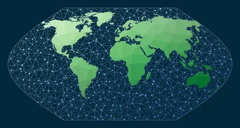 Abstract map of world network. Eckert 5 projection. Green low poly world ma.. Stock Illustration