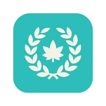 Abstract maple leaf logo inside circular laurel wreath on teal square backg.. Stock Illustration