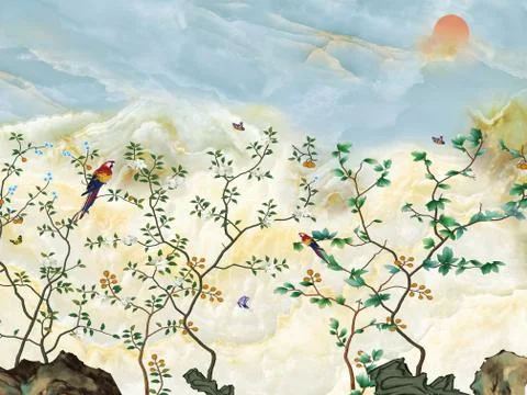 Abstract marble background, sunset, rocks, thin branches of trees with parrots Stock Illustration