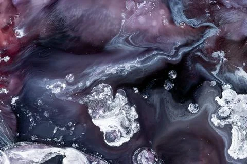 Abstract Marble Fluid Art With Dark Purple, Black and White Ink Swirls and Te Stock Illustration
