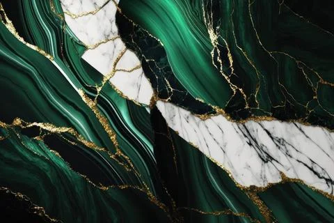 Abstract marbled texture dark green and white marble with golden veins arti.. Stock Illustration