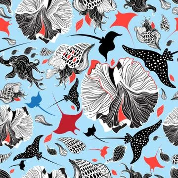 Abstract marine pattern of stingrays and algae Stockillustratie