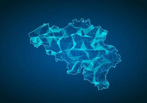 Abstract mash line and point scales on dark background with map of belgium. A Stock Illustration
