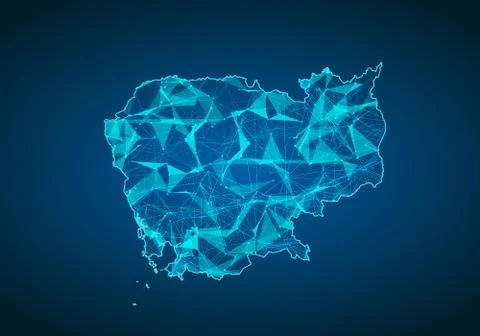 Abstract mash line and point scales on dark background with map of cambodia.  Stock Illustration