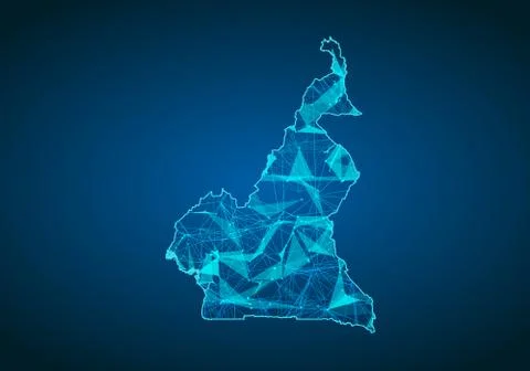 Abstract mash line and point scales on dark background with map of cameroon.  Stock Illustration