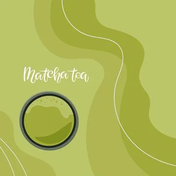 Abstract matcha green Tea background with beverage bowl and handwritten Illustrazione stock