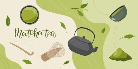 Abstract matcha green Tea background with beverage bowl, teapot, spoon, brush Stock Illustration