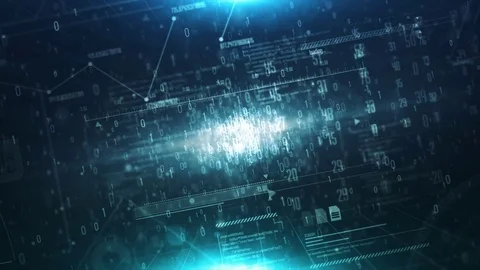 Abstract matrix cube surrounding a source of binary numbers looping Background Video stock 77879360