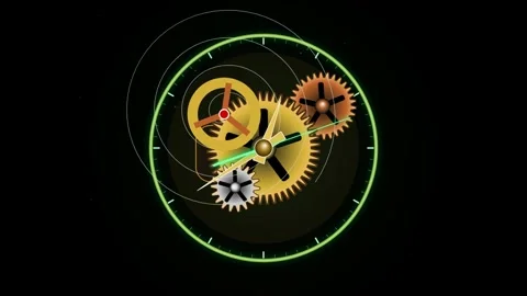 Abstract mechanical clock gears and cogs with glowing green circular lines Video stock 347364970