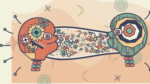 Abstract Mechanical Heads Exchanging Data And Thoughts In 2D Animation 库存影片 340940590