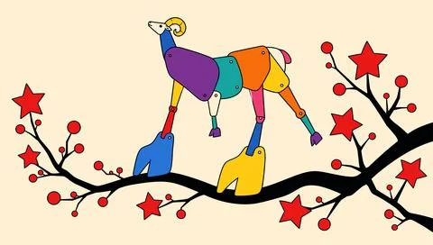 Abstract Mechanical Ram on a Branch with Red Stars Stock Illustration