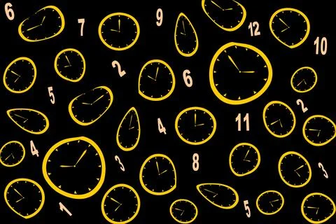 Abstract Melting Clock Pattern Background, Golden Clocks on Black JPG-EPS イラスト素材