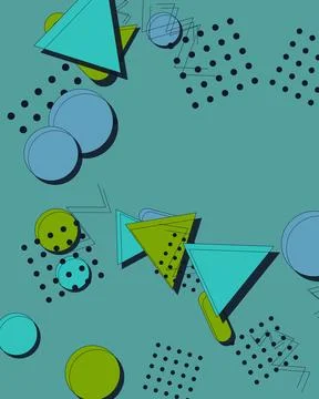 Abstract Memphis background with geometric triangles and circles in teal an.. イラスト素材