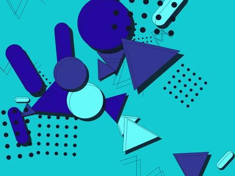 Abstract Memphis Design Background with Blue and Teal Geometric Shapes and .. Stock Illustration