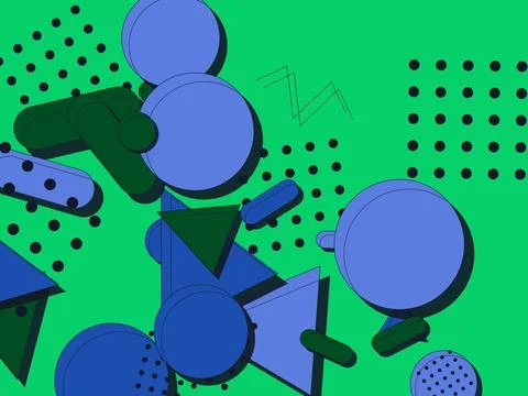 Abstract Memphis design background featuring blue circles and green geometr.. 스톡 일러스트