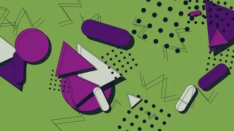 Abstract Memphis Design Background with Geometric Shapes Purple and Green R.. Stock Illustration