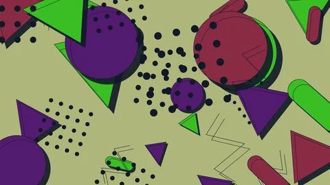 Abstract Memphis Design Background with Purple and Green Geometric Shapes C.. 스톡 일러스트