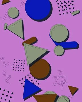 Abstract Memphis design pattern with colorful geometric shapes on purple ba.. Stock Illustration