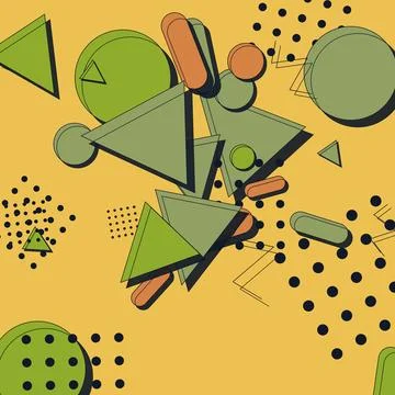 Abstract Memphis geometric composition with green and orange shapes on yell.. 스톡 일러스트