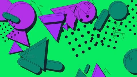 Abstract Memphis Geometric Pattern Background with Purple and Teal Shapes o.. Illustrazione stock