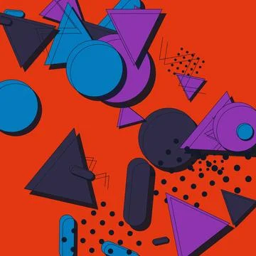 Abstract Memphis Geometric Pattern with Colorful Shapes on Vibrant Orange B.. Stock Illustration