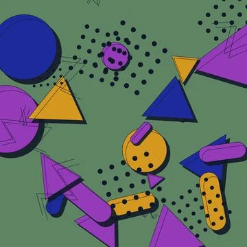 Abstract Memphis Geometric Pattern with Retro Shapes and Polka Dots on Gree.. Stock Illustration