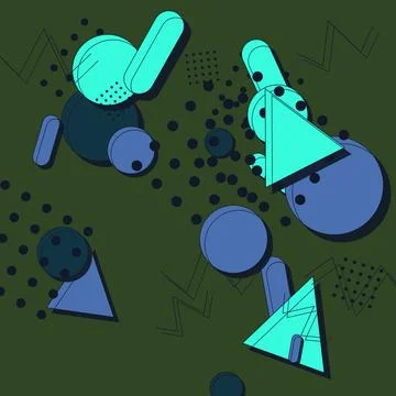 Abstract Memphis geometric pattern with teal and blue shapes on dark green .. Stock Illustration