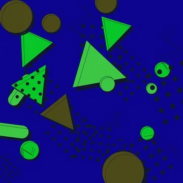 Abstract Memphis pattern with green geometric shapes on blue background for.. Stock Illustration