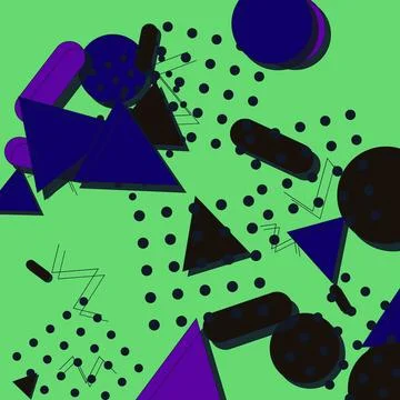 Abstract Memphis pattern with purple geometric shapes and dots on a green b.. Stock Illustration
