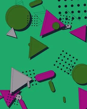 Abstract Memphis Style Background with 3D Geometric Shapes on Vibrant Green 스톡 일러스트