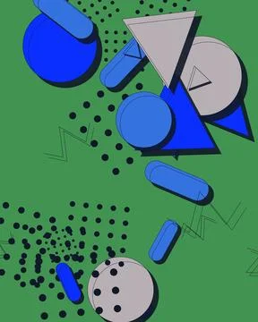 Abstract Memphis Style Background with Blue and Grey Geometric Shapes on Gr.. 스톡 일러스트