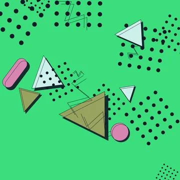 Abstract Memphis Style Background with Geometric Triangles and Polka Dots o.. Illustrazione stock